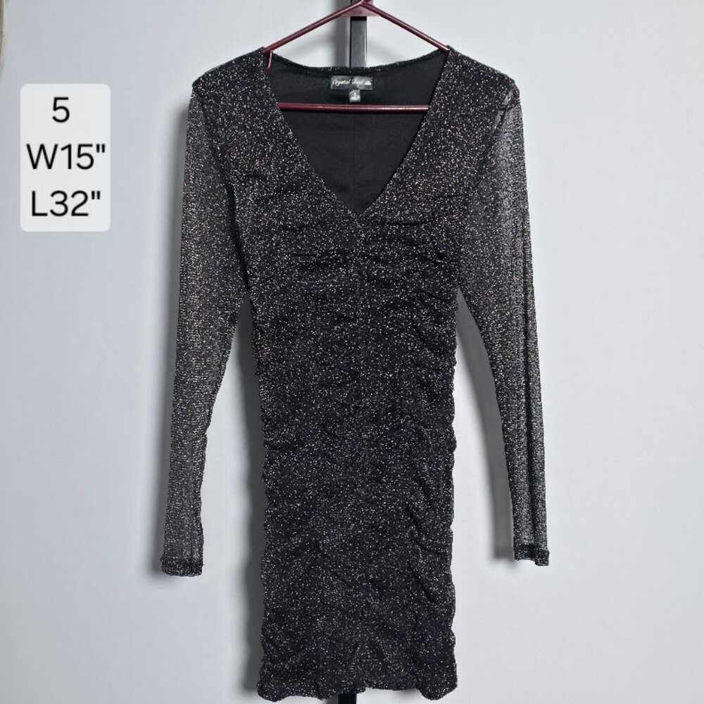 Crystal Doll Dress Juniors 5 Black Gold Sparkle Ruched Bodycon Long Sleeve Mini